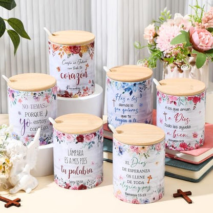 Remerry 6 Pcs Christian Women Bulk Gifts 12 oz Religious Coffee Mugs Cups Vintage Floral Ceramic Bible Verse Mugs with Lid Spoon for Sunday School Teachers Nurses Church Women Group Gifts(Spanish) - style: Spanish