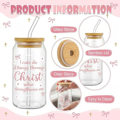 Glass Cups with Lids and Straws, 4Pack, 16oz, Pink Bow Pink - color: Christian Pink Ribbon