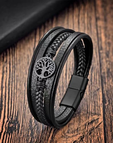 YL Mens Cross Viking Celtic Ankh Odin Compass Life Tree Leather Bracelet, 18K Gold/Black Rhodium Stainless Steel Christian Religious Protection Talisman Brown Cuff Handcrafted Jewelry Gifts - color: 18K White Gold-Life Tree-Brown, size: 8.3"(210mm)