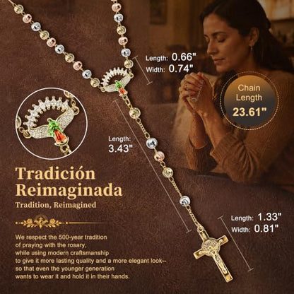 Catholic Rosary,Our Lady Of Guadalupe Centerpiece and Crucifix - color: Gold-01