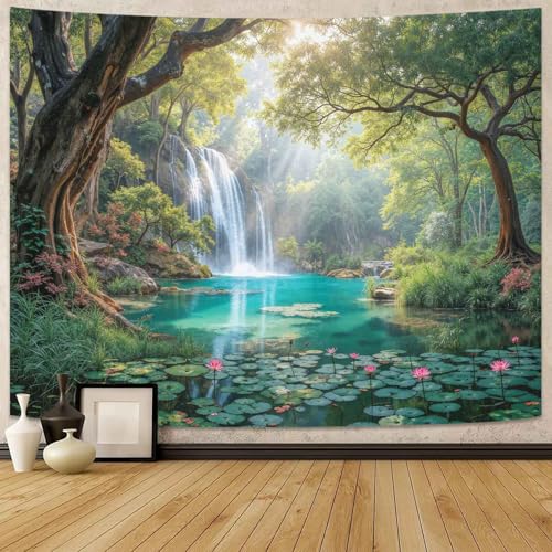 Lunerfex Nature Waterfall Tapestry - Forest Stream and Lotus Pond Wall Hanging for Bedroom and Living Room - Serene Landscape Decor 80"x60" - color: Bright Green, size: 80"L x 60"W