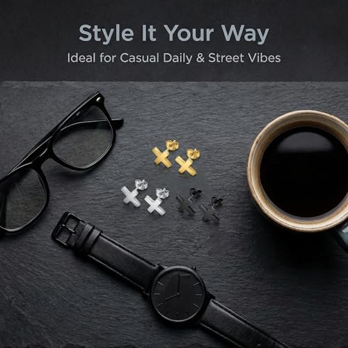 3Pairs Cross Earrings Stud Set for Men Women Stainless Steel Black Silver Gold Tiny Cross Earring Aretes Mens Jewelry Minimalist Stud Earings Fashion Accessories