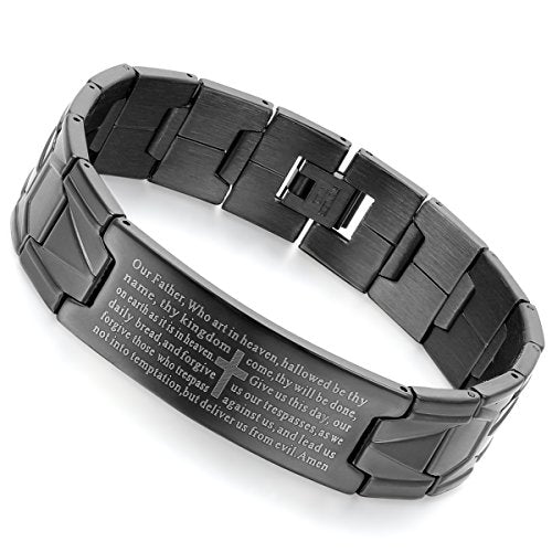Flongo Men's Vintage Stainless Steel Black Cross English Bible Lords Prayer Link Wrist Bracelet For Men Christmas Gifts - color: black,8.3inches