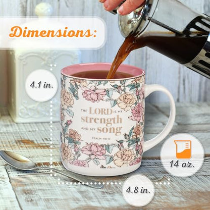 Christian Art Gifts Pink Floral Ceramic Coffee Mug – 14 oz. Lead and Cadmium-free Non-toxic Inspirational Scripture Coffee and Tea Mug for Women with Bible Verse: My Strength and My Song –Psalm 118:14