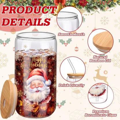 Teenyyou 12 Sets Christmas Glasses Cups with Bamboo Lid and Glass Straw, 16 oz Red Buffalo Plaid Christmas Glass Jar Drinking Cups, Festive Santa Snowman Elk Coffee Cup for Xmas Holiday Party Gifts - style: Red Black Plaid