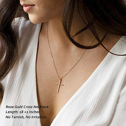 M MOOHAM Cross Necklace for Women Girls, Dainty 14K Gold Plated Cross Pendant Necklace Sideways Cross Choker Layered Necklaces for Women Girls - color: Cross Rose Gold 0.75"×1.26"