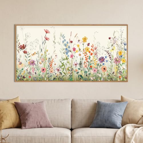 Aryroi Watercolor Colorful Wildflower Framed Canvas Wall Art Set- 40"x20"x1 - color: Pink Green Floral Wall Art, size: 40"L x 20"W