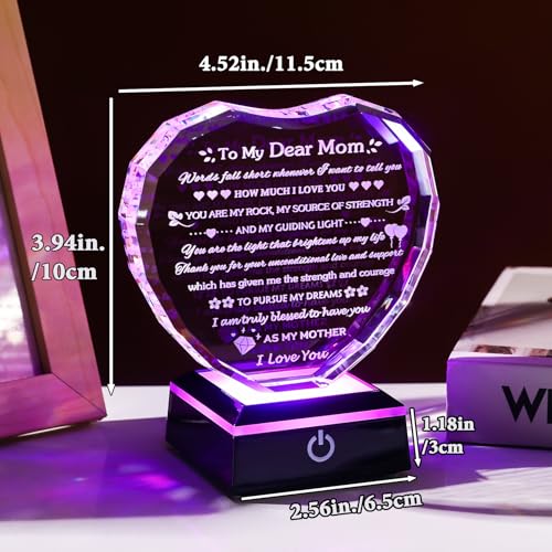 Arikyrist Gifts for Mom with Colorful LED Base Moms Birthday Gifts from Daughter Son to My Mom Gift Crystal Heart Keepsake Best Mother Presents Idea for Christmas Mother's Day Valentine - color: Mom Gifts + Light Base