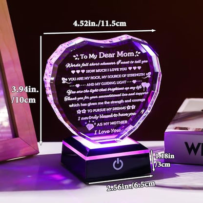 Arikyrist Gifts for Mom with Colorful LED Base Moms Birthday Gifts from Daughter Son to My Mom Gift Crystal Heart Keepsake Best Mother Presents Idea for Christmas Mother's Day Valentine - color: Mom Gifts + Light Base
