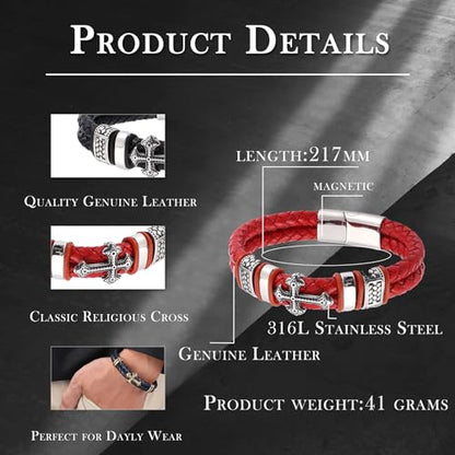 Mens Christian Cross Double Row Leather Bracelet, Religious Braided Cuff Bracelet for Men - color: Blue, size: 8.5 inches