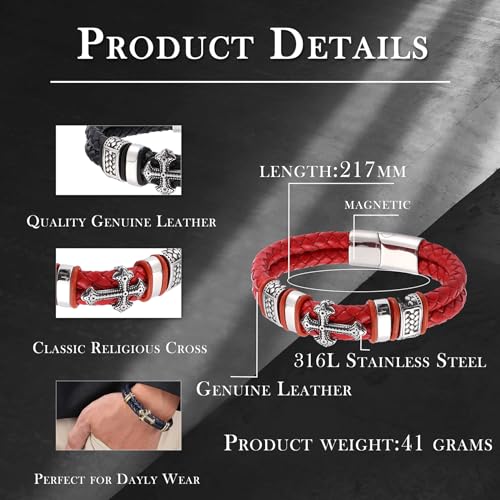 Mens Christian Cross Double Row Leather Bracelet, Religious Braided Cuff Bracelet for Men - color: Brown, size: 8.5 inches