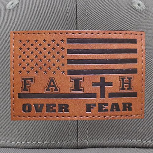 Leather American Flag Faith Over Fear Trucker Hats for Men Women, Adjustable Mesh Snapback Baseball Cap - color: Gray