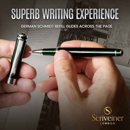 Scriveiner British Racing Green Rollerball - Stunning Luxury Pen With Chrome Finish, Schmidt Ink Refill, Best Roller Ball Pen Gift Set for Men & Women, Professional, Executive Office, Nice Pens - color: 12. British Racing Green with Chrome