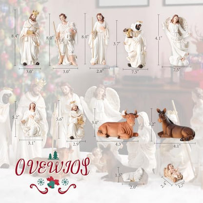 Christmas Nativity Set Figurine,Hand Resin Craft Statue Nativity Scene Indoor,Baby Jesus Holy Family Firguines Statue, Nativity Sets for Christmas Indoor, 11 Pcs - color: White