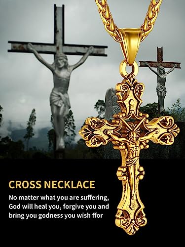 ChainsHouse Cross Necklace for Men, Black/18K Gold Plated/Stainless Steel Christian Jewelry Cross Pendant Necklace for Men, with Gift Box - color: a: Jecus Cross-Gold