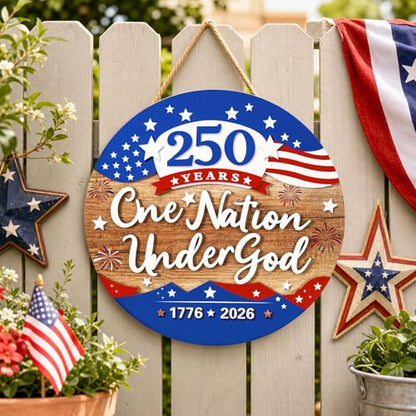 JarThenaAMCS 250th Anniversary Welcome Door Sign Patriotic 3D Wooden Hanging Sign American Flag Fireworks Round Door Hanger for 4th of July Independence Memorial Day Home Wall Decorations, 12 Inch - style: American Flag