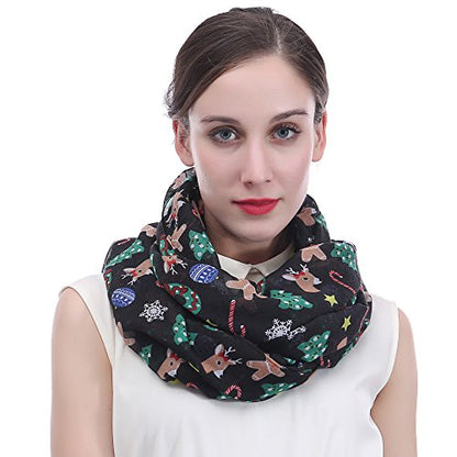 Lina & Lily Holiday Christmas Pattern Print Women's Infinity Scarf Lightweight - color: Black, Xmas Gingerbread Man Reindeer