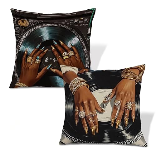Trendy Black Girl Vinyl Record Throw Pillow Covers 18x18, Black Women Gifts, Luxury African American Decorative Pillow Covers for Home Bedroom Music Room Studio, Set of 2 - color: Colour -V