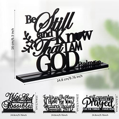 Blulu 4 Pack Inspirational Table Decorations Wooden Christian Faith Bible Verse Centerpieces Black Motivational Prayer Room Blessed Signs for Home Office Living Room Kitchen Farmhouse Art Decor