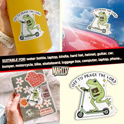 (3Pcs-3") Off to Praise The Lord Stickers, Funny Frog Meme Christian Faith Religious Bible Verse Waterproof Die-Cut Vinyl Sticker for Kindle, Laptop, Water Bottles, Phone Decal Gifts 3 Inches - size: 3x3"