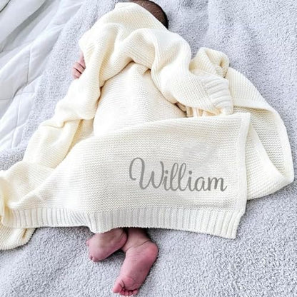 IZI POD Personalized Knit Baby Blanket, Embroidered Name Nursery Blanket, Cotton Knit Stroller Blankets, Gift for Baby, Birthday - Style 7 - color: Custom 2