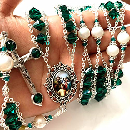 elegantmedical Ladder to Heaven Green Crystal & AAA10MM Pearl Beads Catholic Rosary Cross crucifix Necklace gift