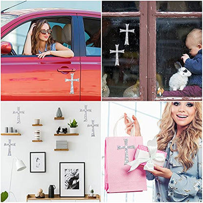 Frienda 6 Pcs Silver Cross Car Decals Waterproof Rhinestone Bling