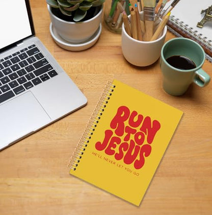 Red and Yellow Christian Spiral Notebook, Run to Jesus Bible Verse Journal, Religious Scripture Journals for Writing, Bible Notebooks for Note Taking, Church Notes Journal, 5.5x8.3 Inch - color: God-Red and Yellow
