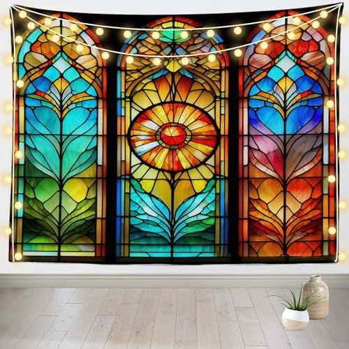 Loccor Gothic Stained Glass Window Tapestry Vintage Church Cathedral Colorful Stained Glass Window Wall Hanging Tapestry for Religion Kid Adult Home Bedroom Living Room Decor 80''x60'' - size: 80"L x 60"W