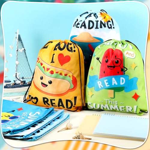 24 Pcs Summer Reading Drawstring Backpack Beach Drawstring Bags Large I Love Reading Book String Bag Kids Summer End of The Year Back to School Party Favors Supplies Gifts - style: Summer Reading