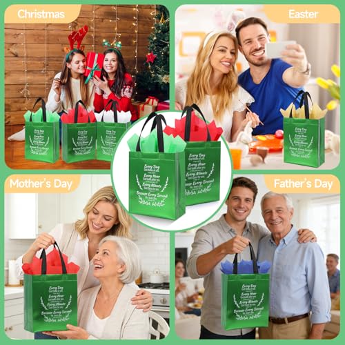 LUAVIARU 40 Pcs Bible Verse Christian Gift Bags Set – 20 Green Reusable Gift Bag with Handles & 20 Tissue Paper, Religious Gift Bag for Church Events, Baptism, Easter, Communion, Congratulations - color: Green, size: 20