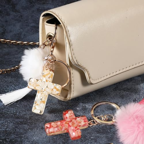 MWOOT 2PCS Cross Keychains for Women, Christian Keyring Tassels Plush, Resin Jesus Key Chain, Bag Charm Car Accessories - color: Pink+white