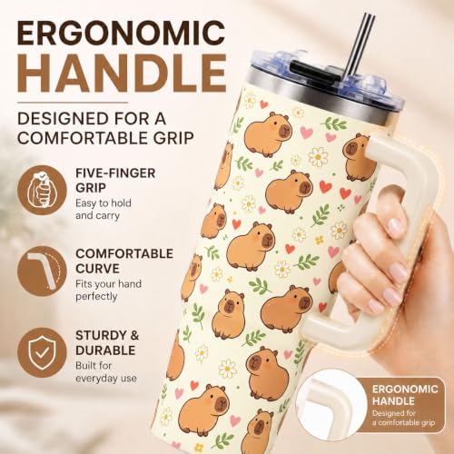 Capybara Tumbler 40 oz with Handle, Cute Capybara Gifts for Women Girls, Insulated Stainless Steel Cup with Straw, Funny Animal Lover Gift for Capybara Fans - color: Capybara1