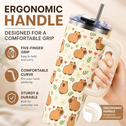 Capybara Tumbler 40 oz with Handle, Cute Capybara Gifts for Women Girls, Insulated Stainless Steel Cup with Straw, Funny Animal Lover Gift for Capybara Fans - color: Capybara1