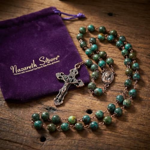 Nazareth Store Vintage Design Rosary Natural Jasper Stone Beads Necklace Holy Soil Medal & Cross Crucifix Religious Rosaries Terra Santa Jerusalem Collection