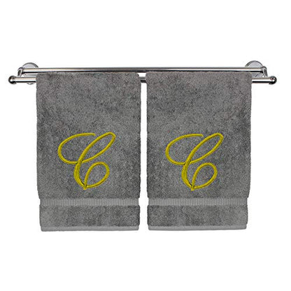 Monogrammed Hand Towel, Personalized Gift, 16 x 30 Inches - Set of 2 - Gold Embroidered Towel - Extra Absorbent 100% Turkish Cotton - Soft Terry Finish - for Bathroom, Kitchen and Spa - Script C Gray - color: Gold on Gray, style: Initial C