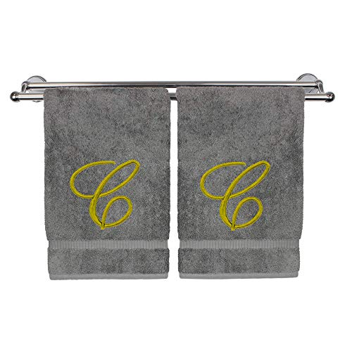 Monogrammed Hand Towel, Personalized Gift, 16 x 30 Inches - Set of 2 - Gold Embroidered Towel - Extra Absorbent 100% Turkish Cotton - Soft Terry Finish - for Bathroom, Kitchen and Spa - Script C Gray - color: Gold on Gray, style: Initial C
