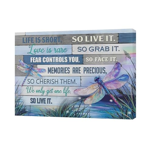 Blue Dragonfly Wall Art Gift for Girl Women Life is Short Motivational Quotes Dragonfly Pictures Wall Decor Canvas Prints Framed Modern Inspirational Painting Artwork for Home Bedroom 16"x12" - color: Dragonfly-1, size: 16"L x 12"W