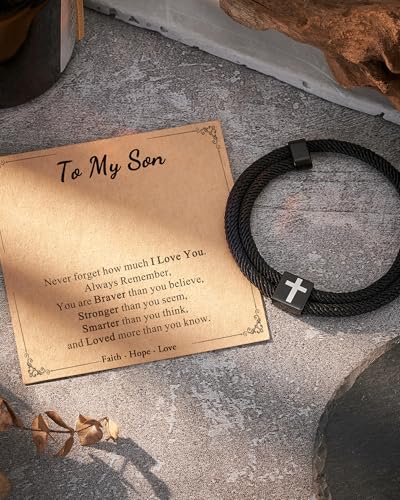 Shonyin Religious Catholic Gifts for Teen Boy Men, Cross Bracelet with Card - style: Son