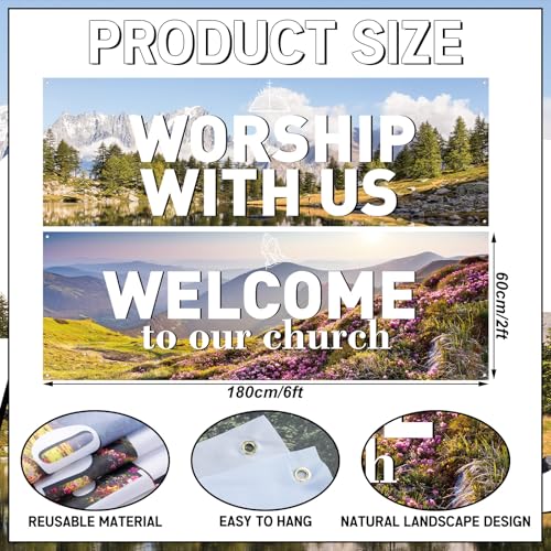 2 Pcs Worship with Us Church Wall Banners 6 × 2ft