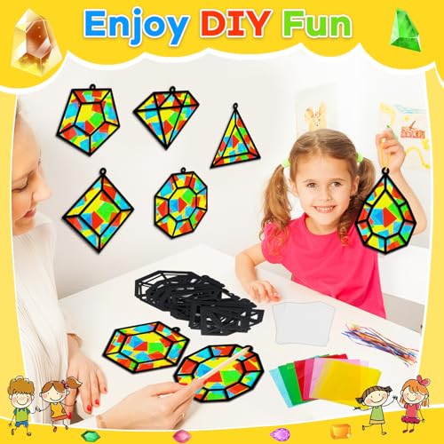 Lonfliness 32Sets Jewel Suncatchers Ornaments Kit DIY Window Stained Glass Effect Paper for Sun Catchers Craft Home Decor Creative Art Projects Activity Birthday Gift - style: Diamond