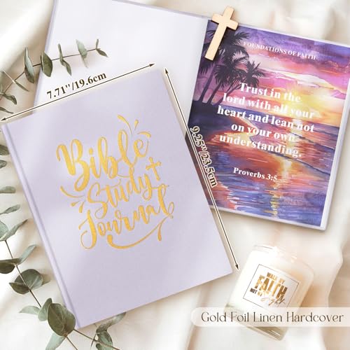 Lanpn Bible Study Guide Journals for Women with Tabs & Highlighters, Church Notes Taking Daily Devotional Journaling, Linen Bible Prayer Notebook Christian Religious Faith Based Gifts, Purple - color: Purple