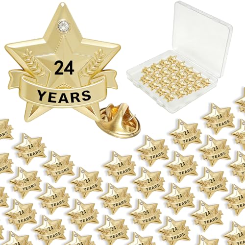 Years of Service Pins, Gold Star Pin for 1-30 Year Work Anniversary, Long Standing Employee Recognition Award Star Pins for Staff, Team & Volunteers - style: 24 Years