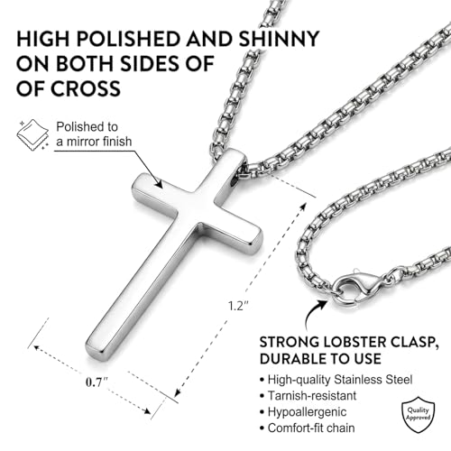 Meetuo 2 Pcs Cross Necklace for Men, Silver and Black High Polished Shinny Cross Necklaces Stainless Steel Cross Pendant Chain, Box Chain
