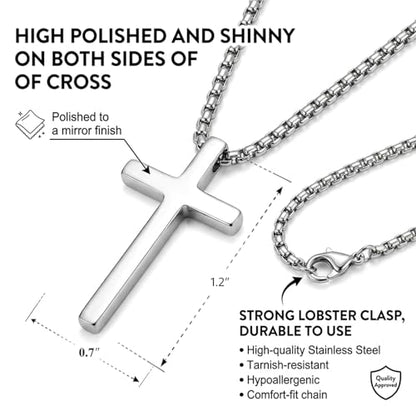 Meetuo 2 Pcs Cross Necklace for Men, Silver and Black High Polished Shinny Cross Necklaces Stainless Steel Cross Pendant Chain, Box Chain