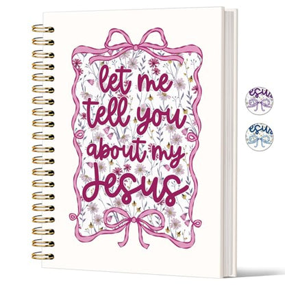 Lacama Bible Journal for Women, Christian Prayer Journal Pink Notebook Gifts for Teen Girls Kids Women, Coquette Preppy Bows Cute Church Faith Journaling Hardcover Spiral Notebook 5.5x8.3 inch - color: Let Me Tell You About My Jesus - Pink