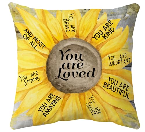 Voatok Inspirational Sunflower Pillow Covers 18x18, Inspirational Gifts, You Are Loved Motivational Flower Decorative Throw Pillow Covers Pillowcases Decorations for Home Bedroom Sofa Bed Couch Decor - color: Kind-1