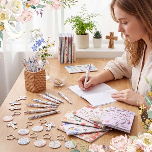 Humyoun 12 Set Christian Religious Gifts for Women Bulk Include Bible Verse Notebook Ballpoint Pen Acrylic Keychain and Magnetic Bookmark Floral Bible Verse Theme Inspirational Religious Party Favor