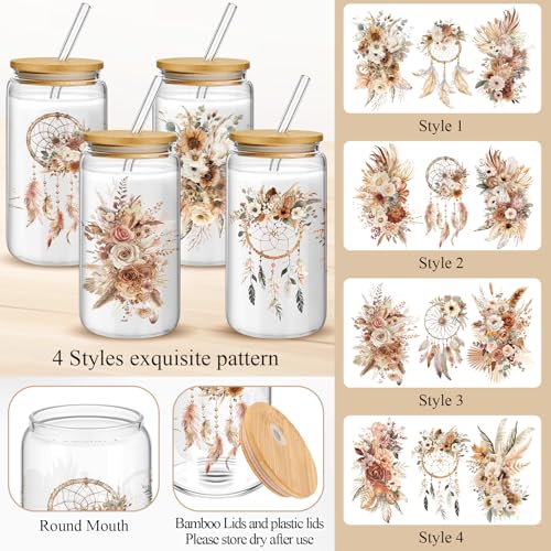 Mumufy 4 Pack Earthy Botanical Glass Cup, 16 oz Tumbler Mug with Bamboo Lid - style: Earthy Botanical