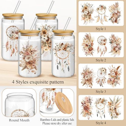 Mumufy 4 Pack Earthy Botanical Glass Cup, 16 oz Tumbler Mug with Bamboo Lid - style: Earthy Botanical